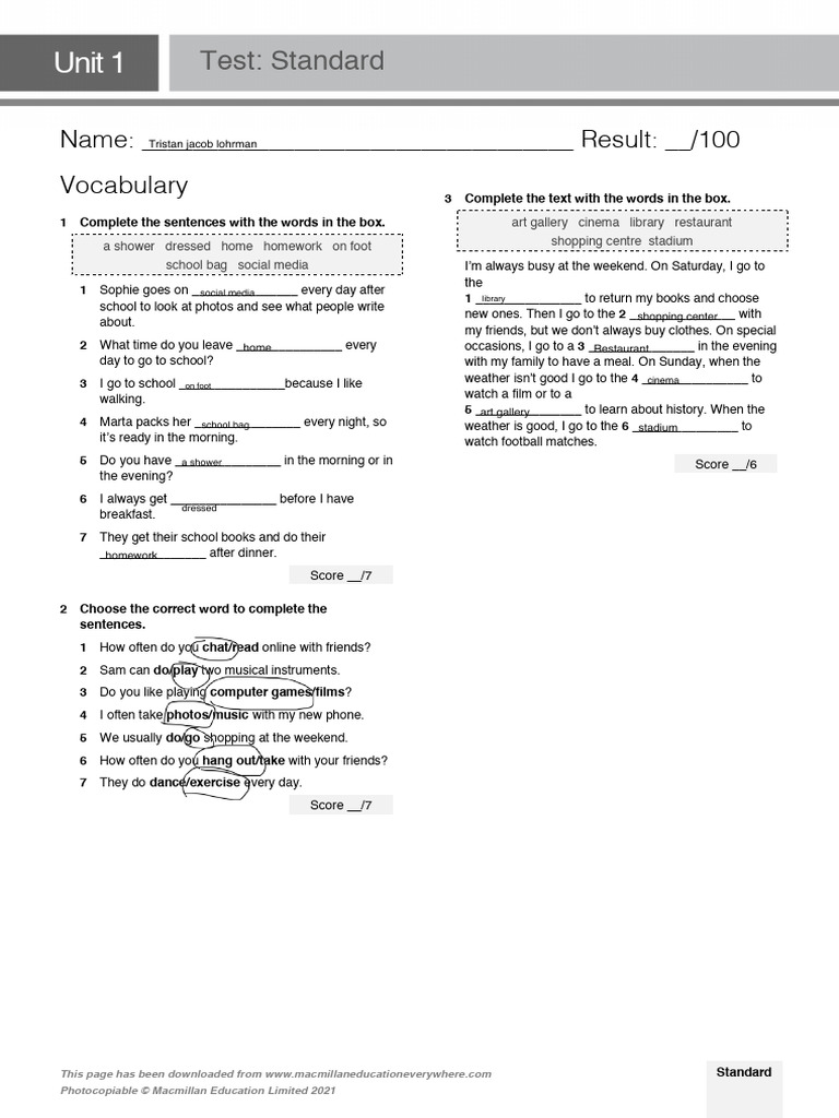Unit 1 Vocabulary Test Worksheet | PDF