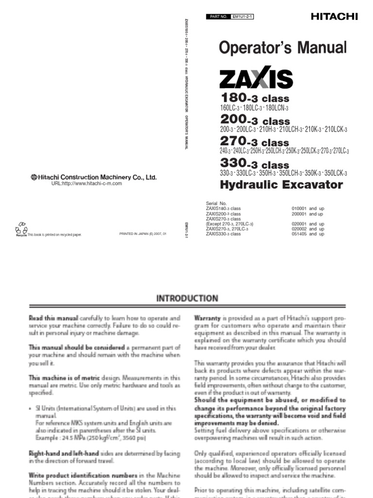 ZX160,180,210,250,280,350-3 Operators Manuel | PDF