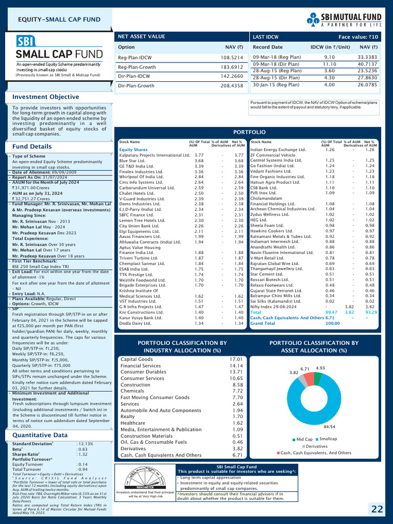 SBI Small Cap Fund Factsheet July 2024 | PDF | Investing | Stocks
