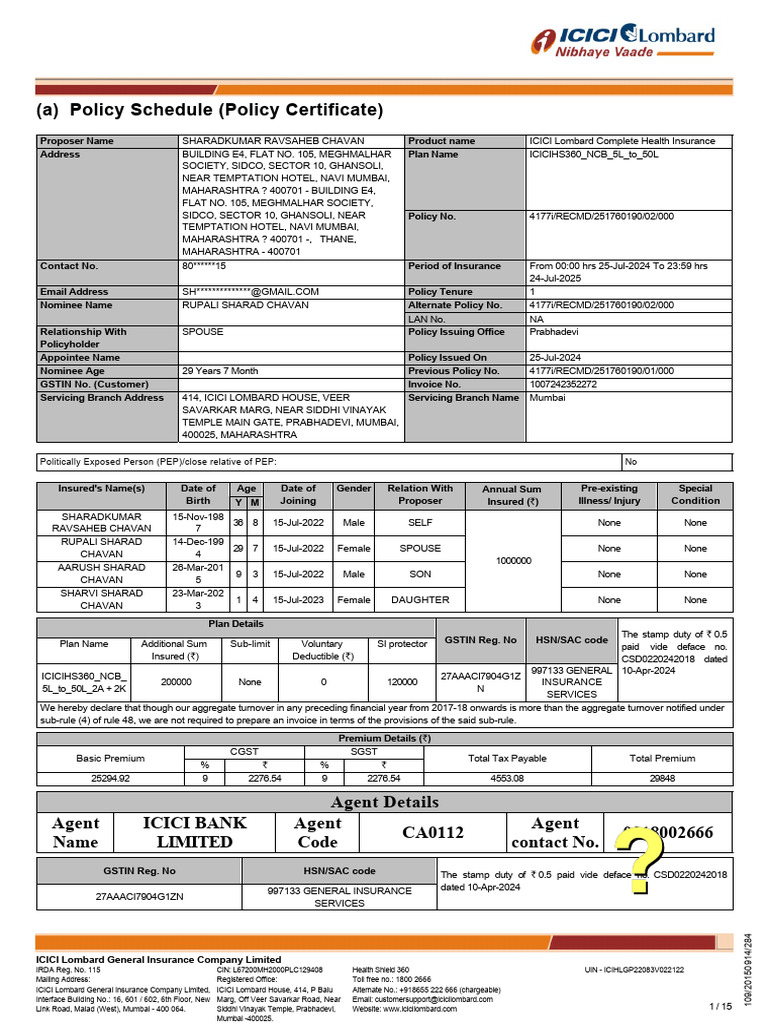 (A) Policy Schedule (Policy Certificate) | PDF