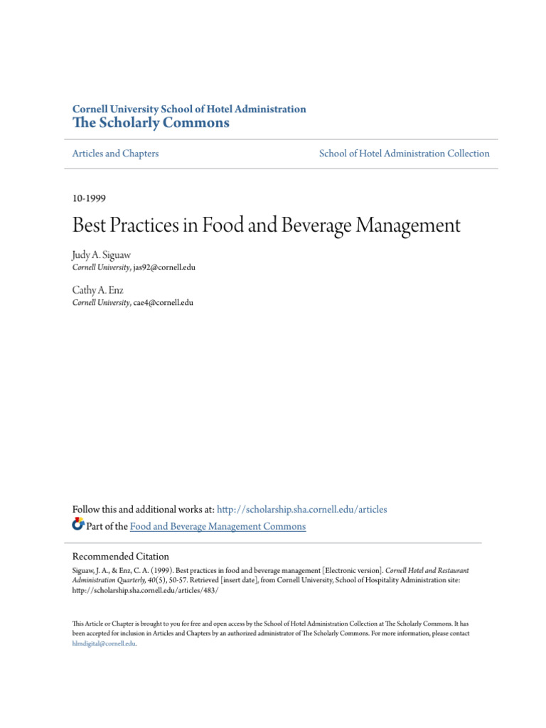 Best Practices in Food and Beverage Management | PDF