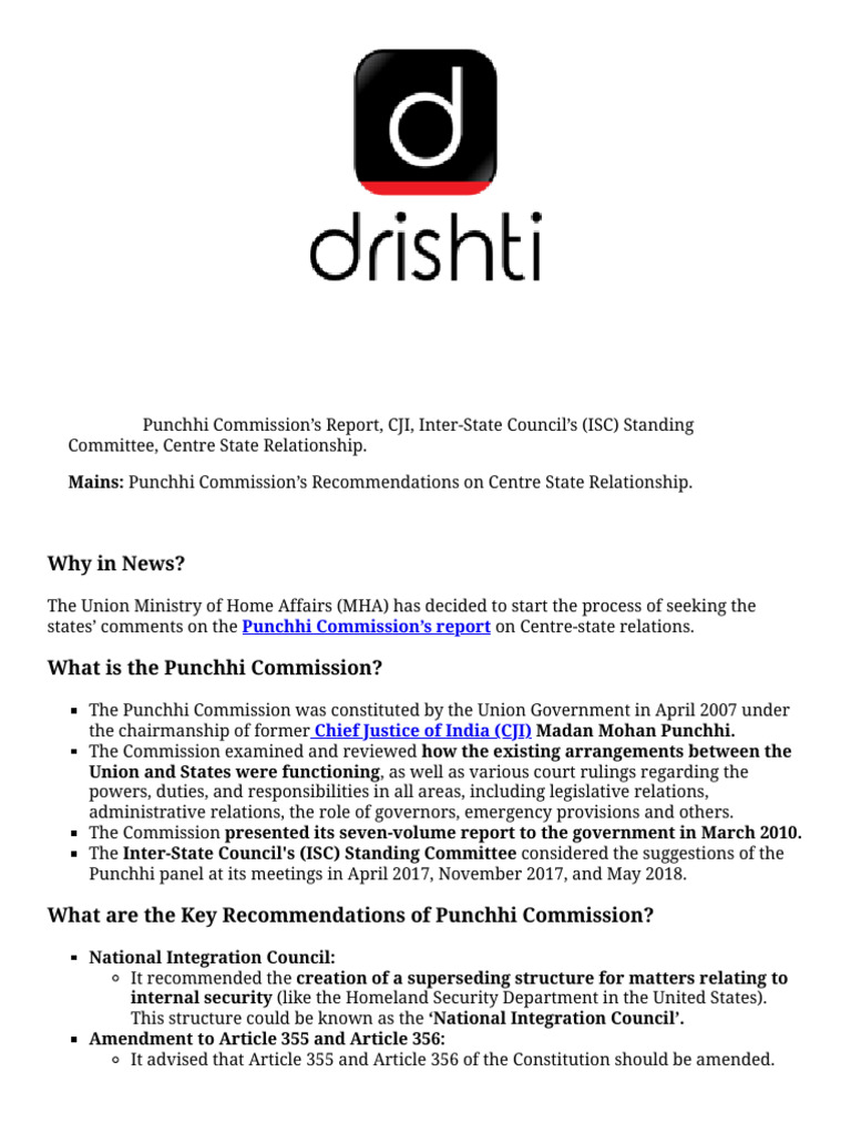 Daily Updates Daily News Analysis Punchhi Commission S Report Print