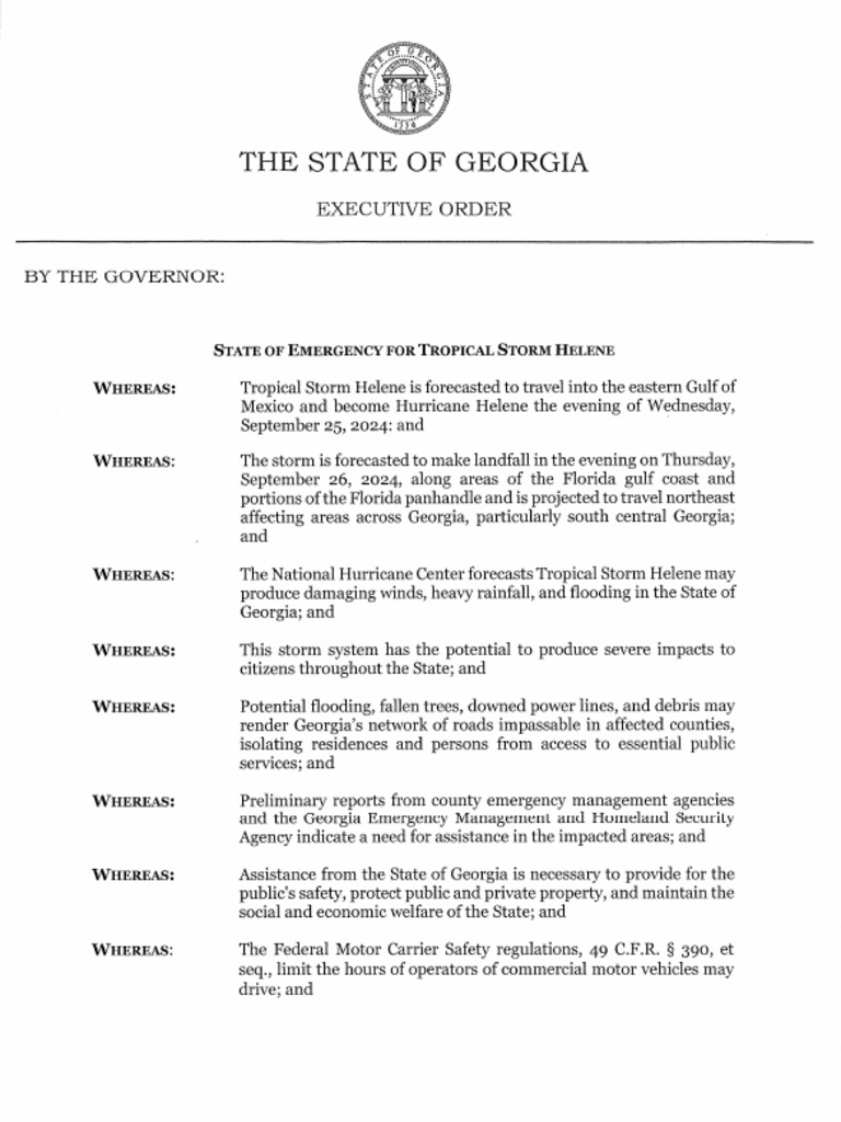 Georgia State of Emergency For Tropical Storm Helene | PDF