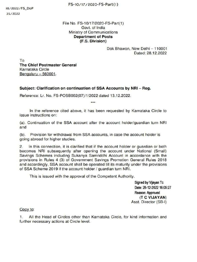 Clarification of Continuation of SSA Accounts by NRI | PDF