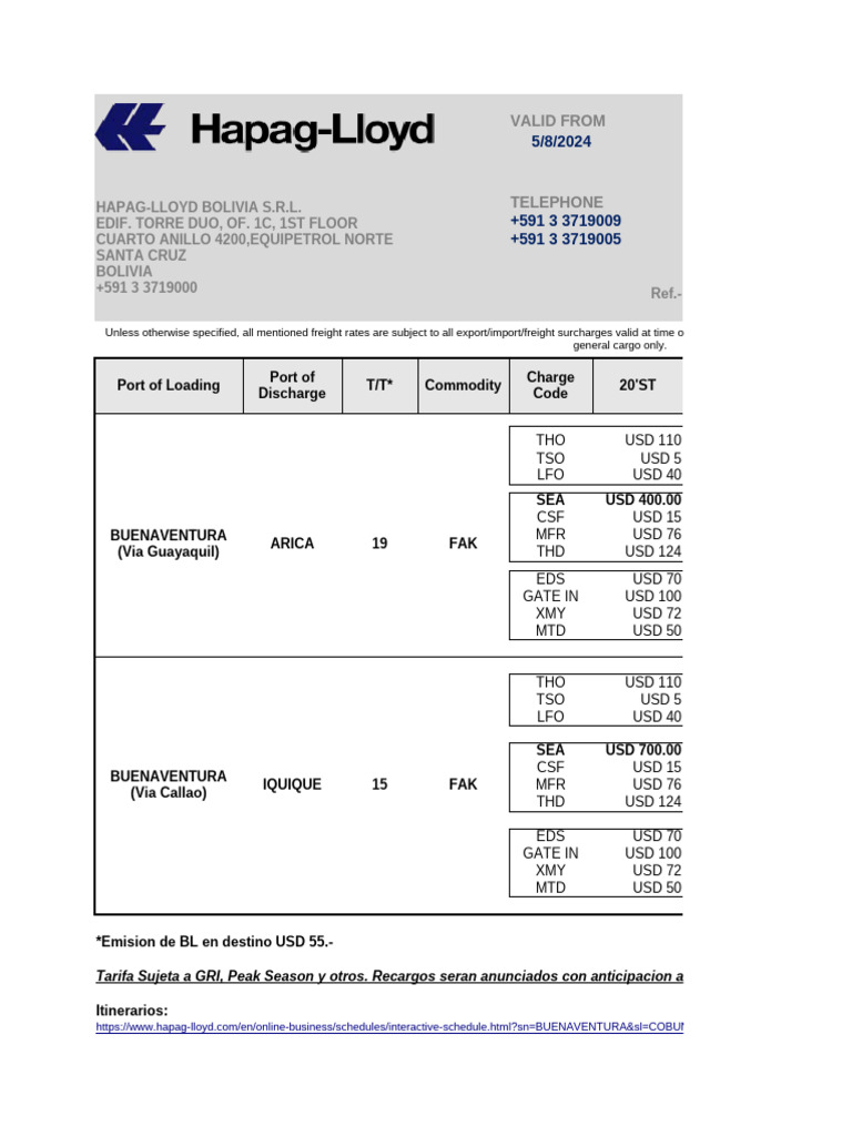 Itinerarios y Tarifas Hapag-Lloyd | PDF