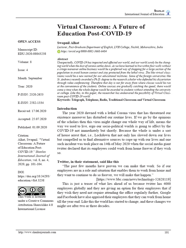 Virtual Classroom - A Future of Education Post COVID-19 | PDF