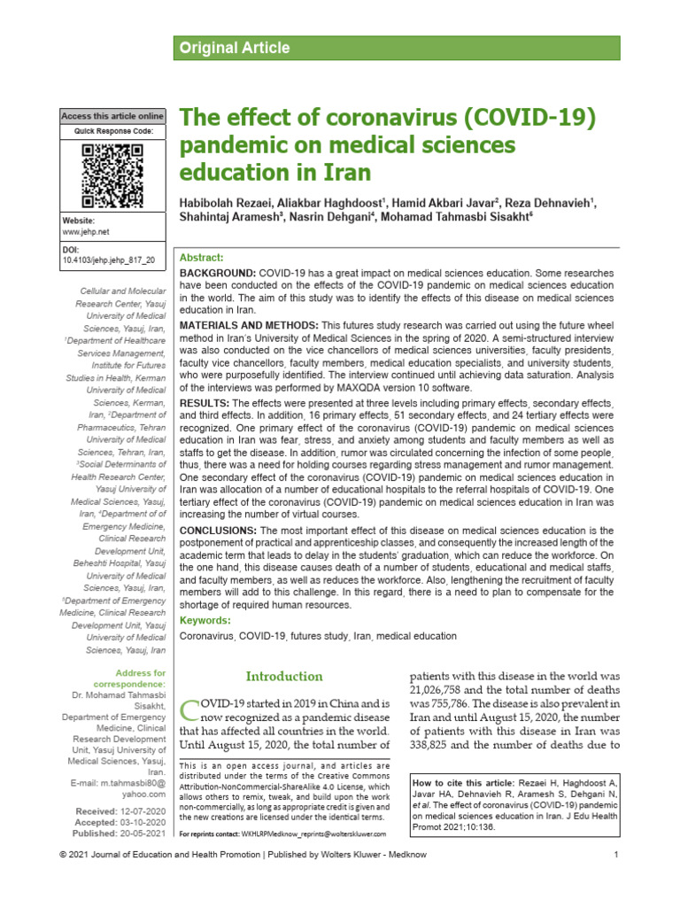 The Effect of Coronavirus Pandemic On Medical Sciences Education in ...