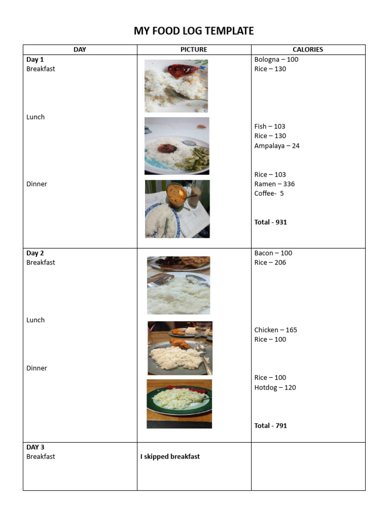 Weekly Food Log Summary | PDF