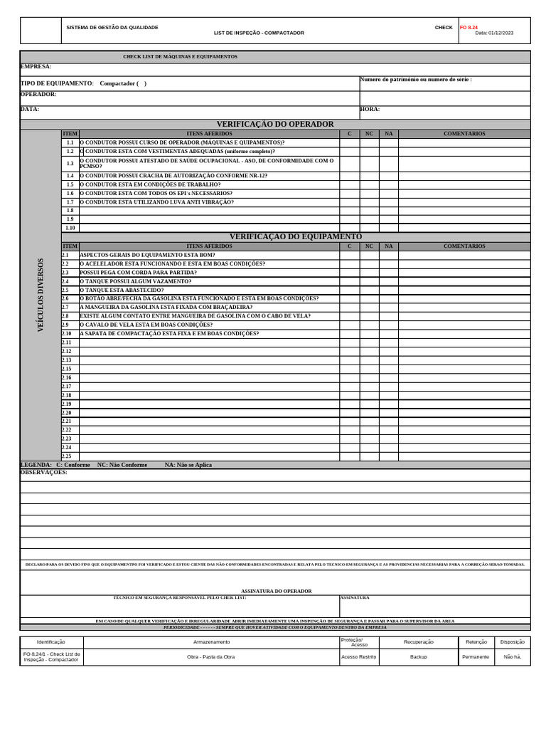 Check List Compactador de Solo | PDF