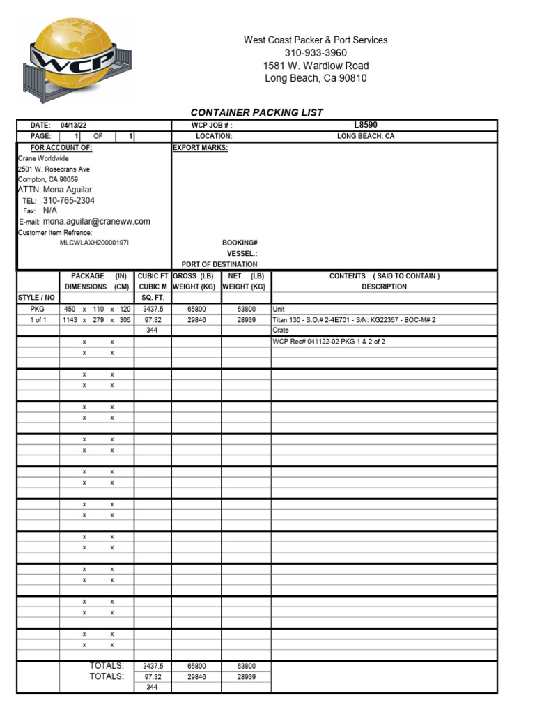 Container Packing List for Crane Worldwide | PDF