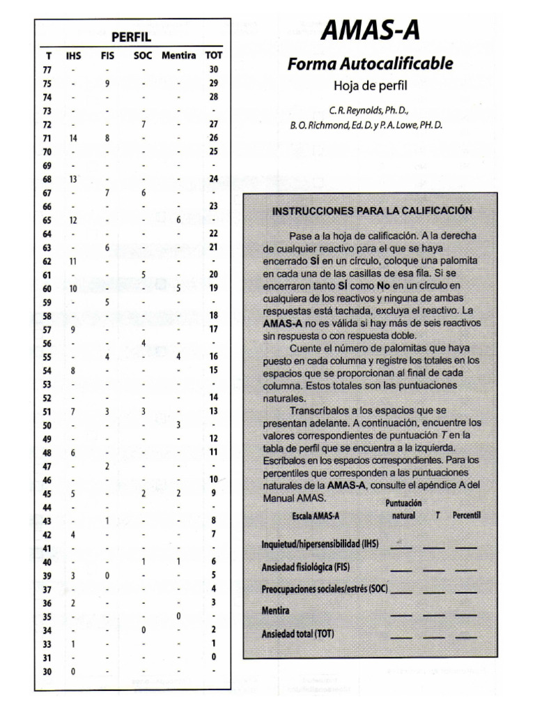 AMAS. Escala de Ansiedad Manifiesta en Adultos - Unlocked | PDF