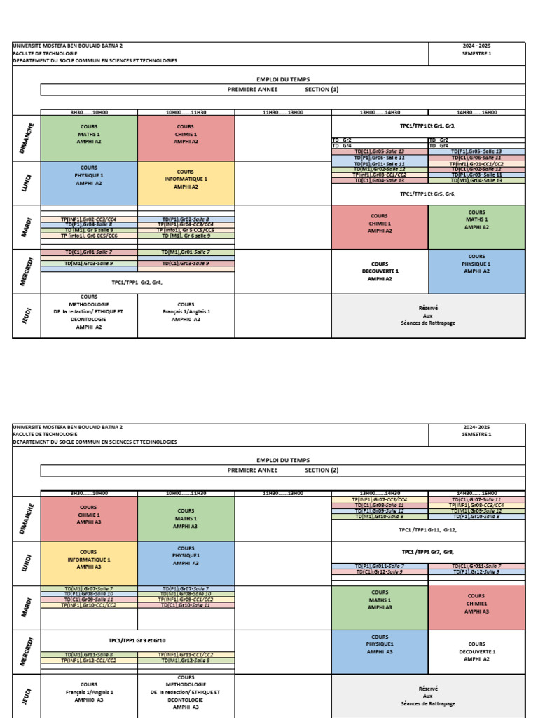 Emploi Du Temps 1annee 2024 2025 s1 | PDF