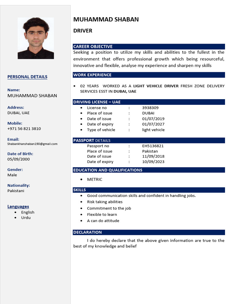MUHAMMAD SHABAN Driver CV | PDF