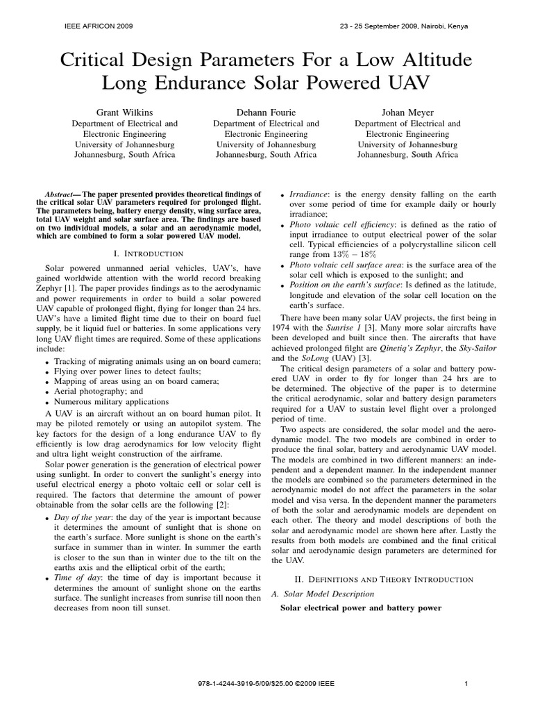 Critical Design Parameters For A Low Altitude Long Endurance Solar ...