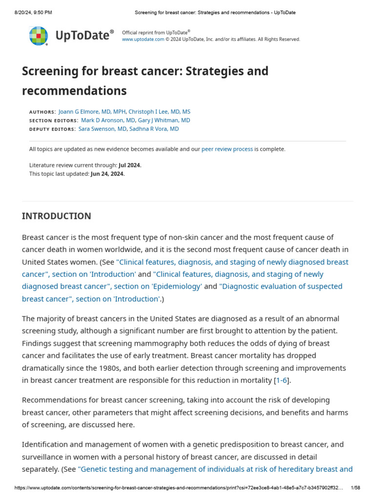 Screening For Breast Cancer - Strategies and Recommendations - UpToDate ...