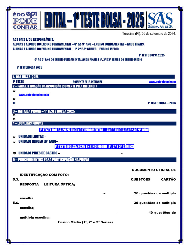 EDITAL DO 1o TESTE BOLSA DE 2025 6o ANO E.F A 3a SERIE E.M 1 | PDF