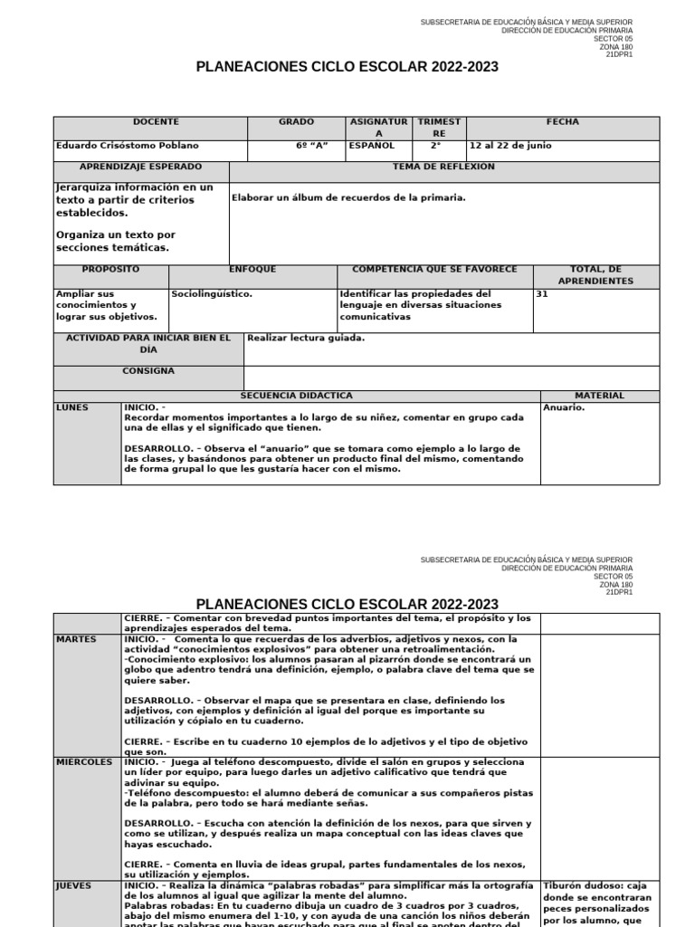 Planeaciones de Español y Matemáticas 2022-2023 | PDF | Educación ...