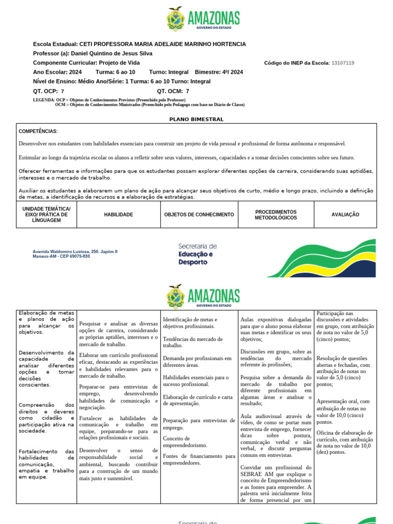PLANEJAMENTO BIMESTRAL 2024 - 4º BM - PROJETO DE VIDA | PDF