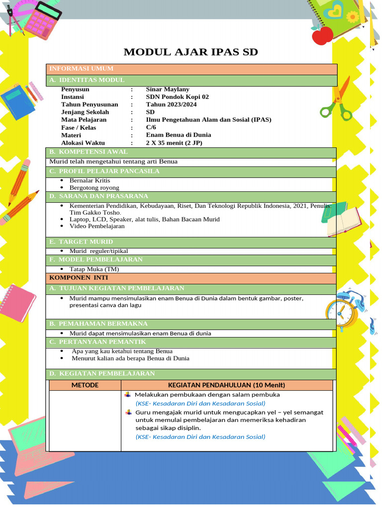 Modul Ajar Ipas Fase C Kelas 6 Ikm Enam Benua Di Dunia Pdf