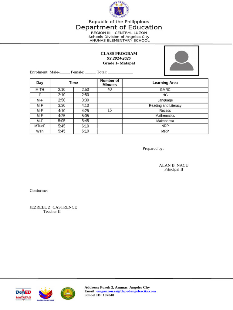 Grade section class program for sy 2024 2025 pdf
