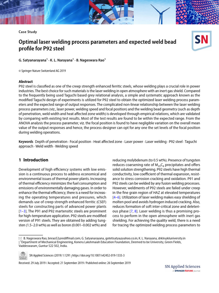 Optimal Laser Welding Process Parameters and Expected Weld Bead Profile ...