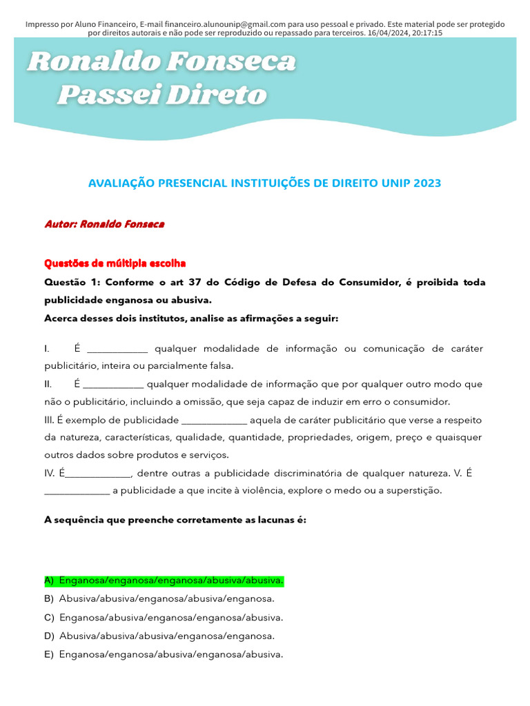 Avaliação Presencial Instituições de Direito Unip | PDF
