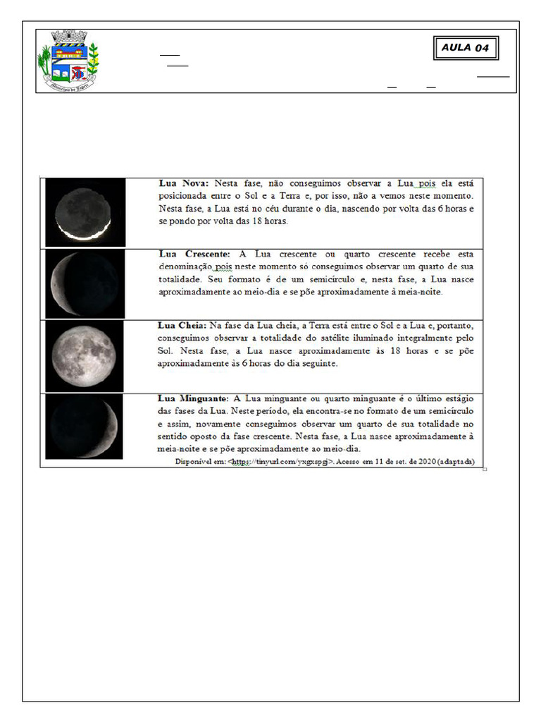 AULA 04 - 8°ano - AS FASES DA LUA-PROF GEGÊ | PDF