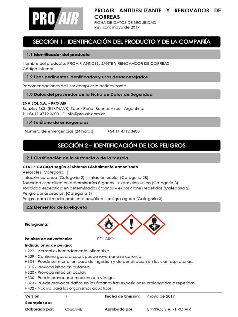 Ficha de Seguridad Proair Antideslizante | PDF | Agua | Salud y bienestar
