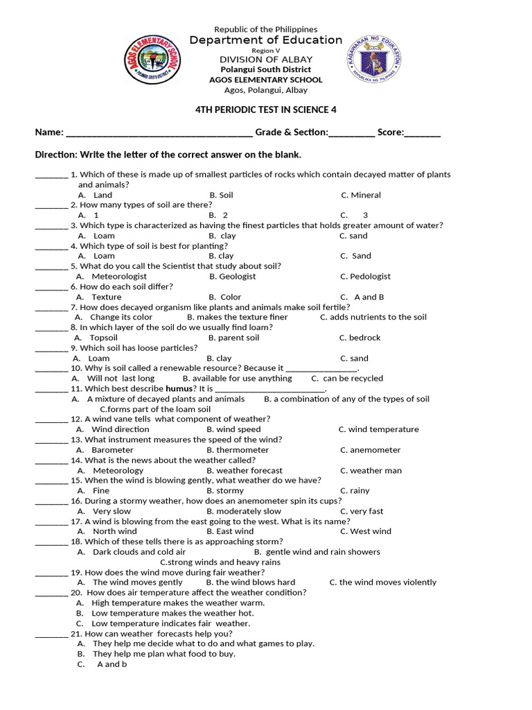 4th Periodic Test in Science Ap Esp English | PDF