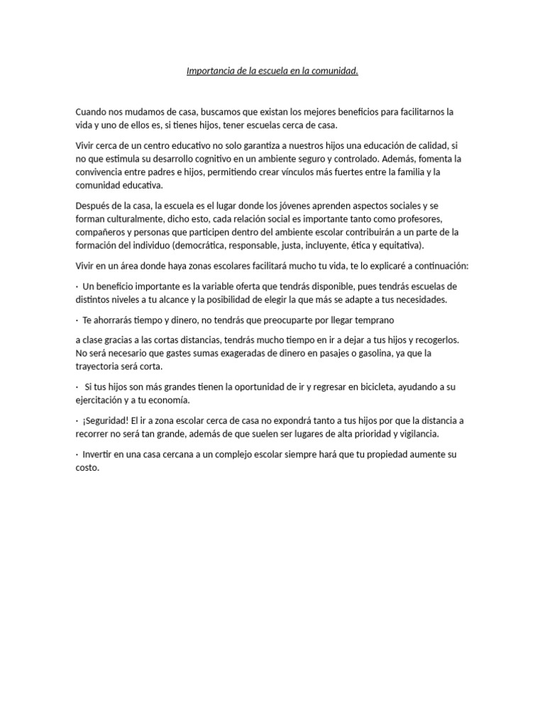 Importancia de La Escuela en La Comunidad | PDF