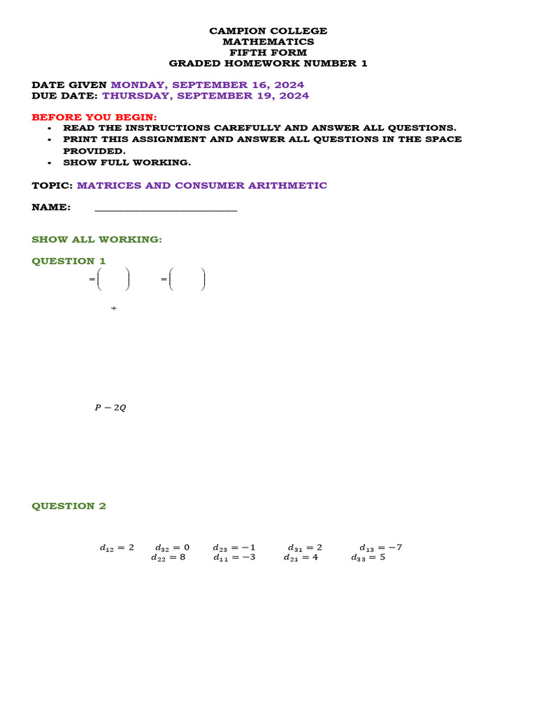 Homework+1+ +Matrices+&+Consumer+Arithmetic | PDF