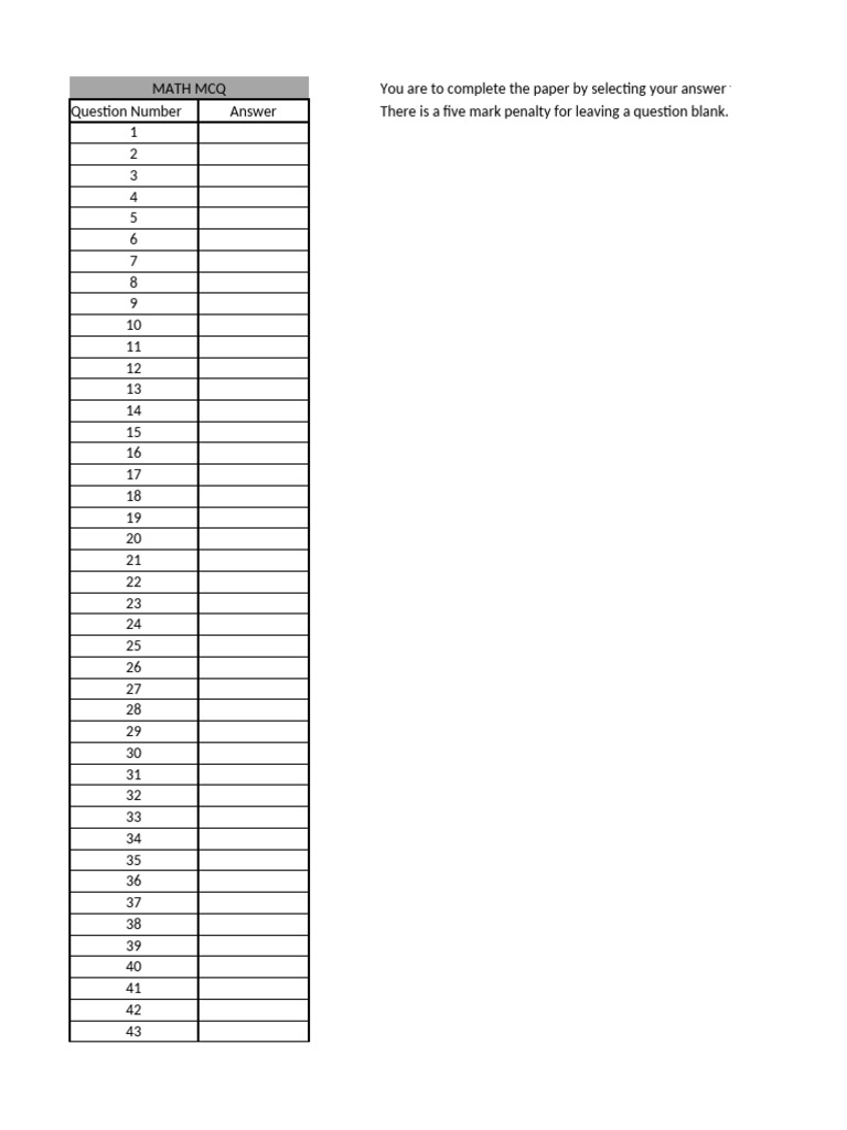 Math mcq student answer sheet pdf