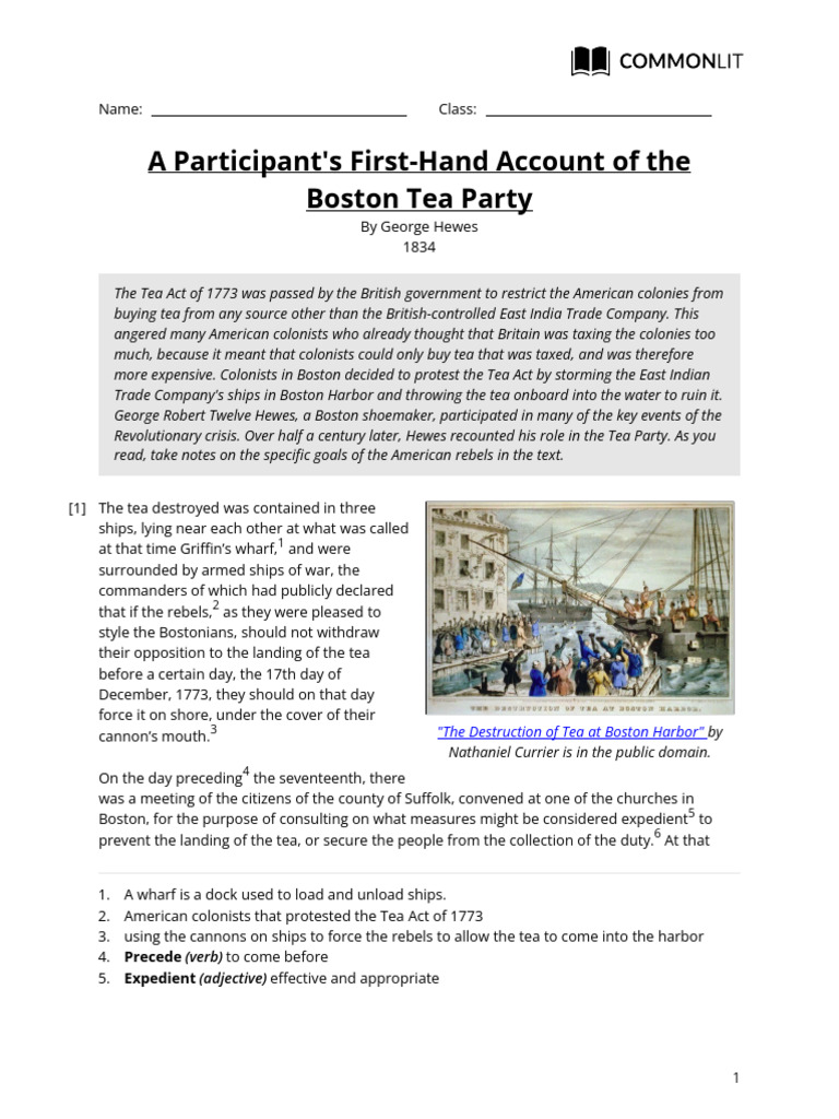A Participant's First-Hand Account of The Boston Tea Party-Teacher-14 | PDF