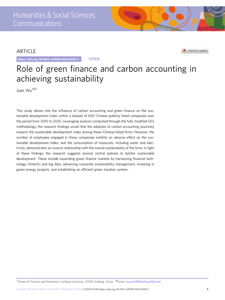 Role of Green Finance and Carbon Accounting in Achieving Sustainability ...