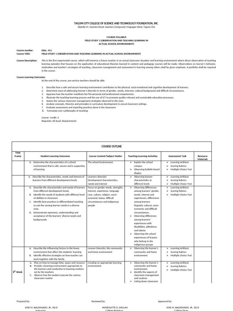 Field Study 1 (Observation and Teaching Learning in Actual School ...