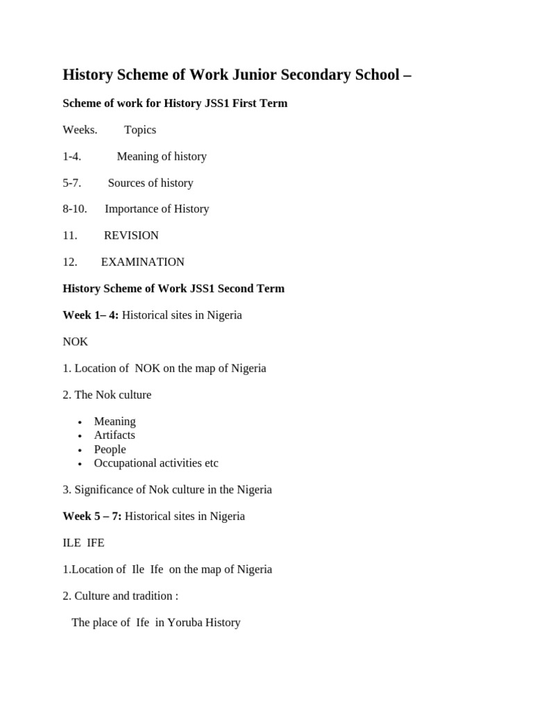 History Scheme of Work Junior Secondary School 1-3 | PDF