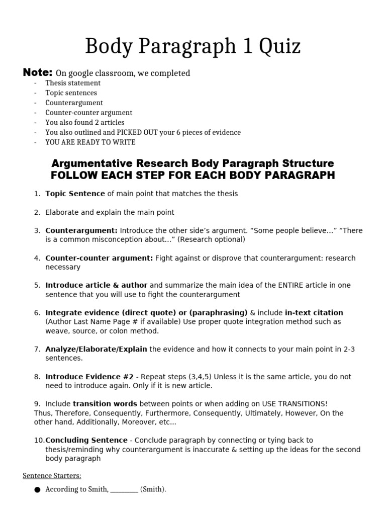 Argument Research Body Paragraphs1 Quiz | PDF