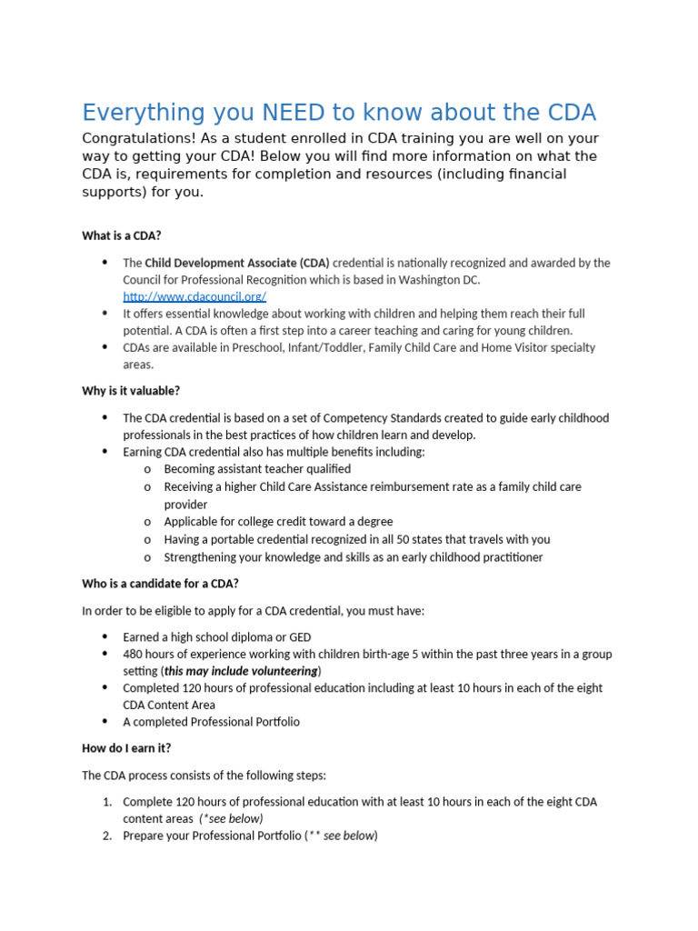 CDA Credential Overview and Requirements | PDF | General Educational ...