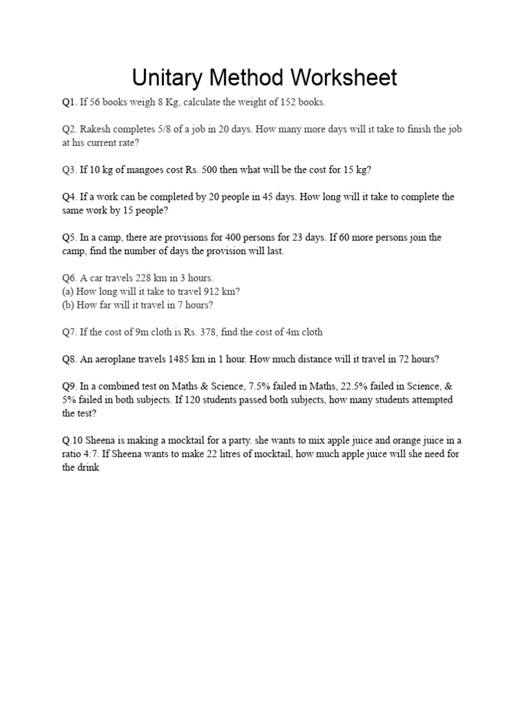Unitary Method Worksheet PDF