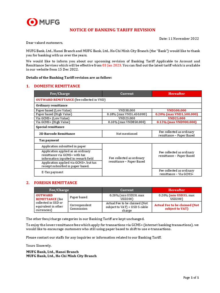 Notice On Revision of Bank Tariff Jan 2023 | PDF