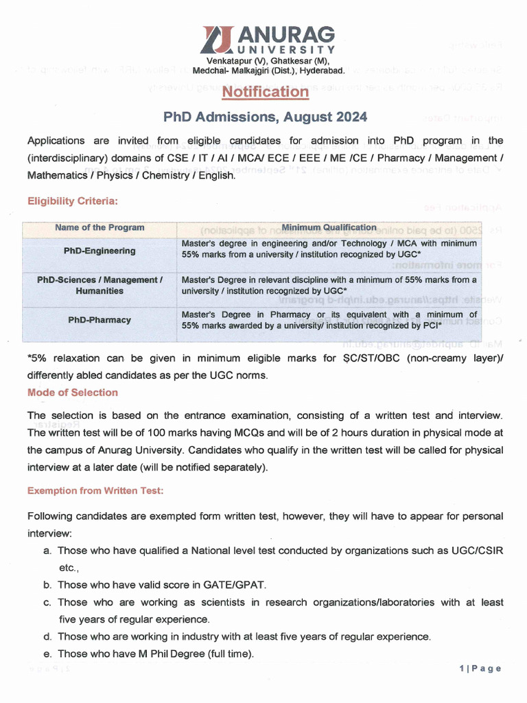 PHD Admissions - Notification - Aug2024 | PDF