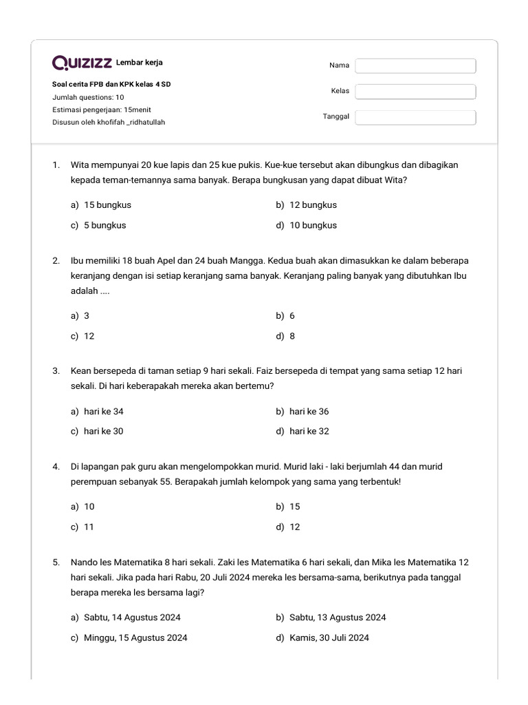 Soal Cerita FPB Dan KPK Kelas 4 SD | PDF