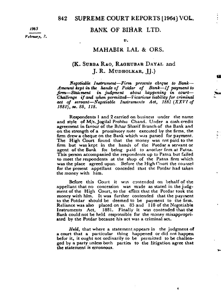 Bank of Bihar Ltd. v. Mahabir Lal & Ors., (1964) 1 S.C.R. 842 | PDF