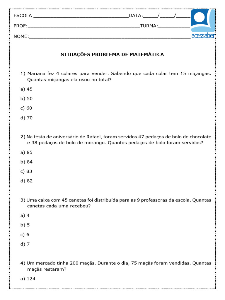Situacoes Problema Com As Quatro Operacoes 3 e 4 Ano para Imprimr 2 | PDF