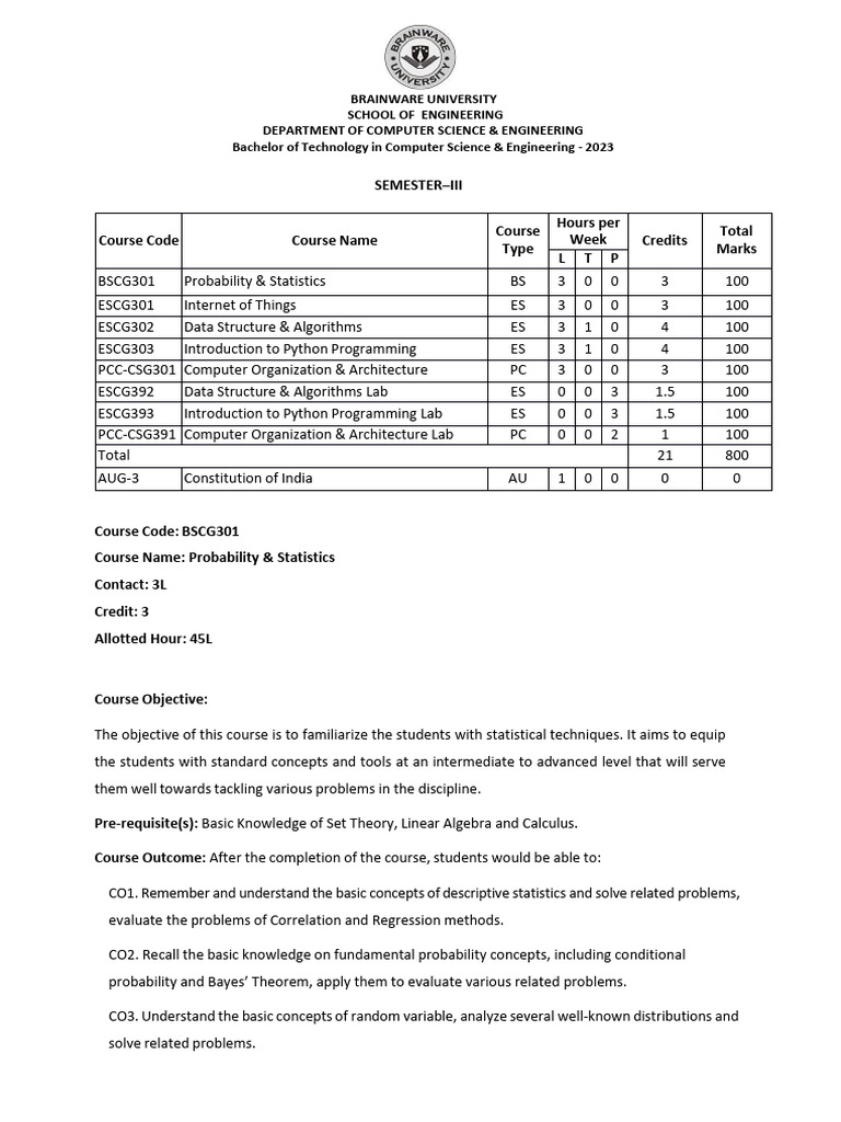 B.Tech Computer Science Courses 2023 | PDF | Probability Distribution ...