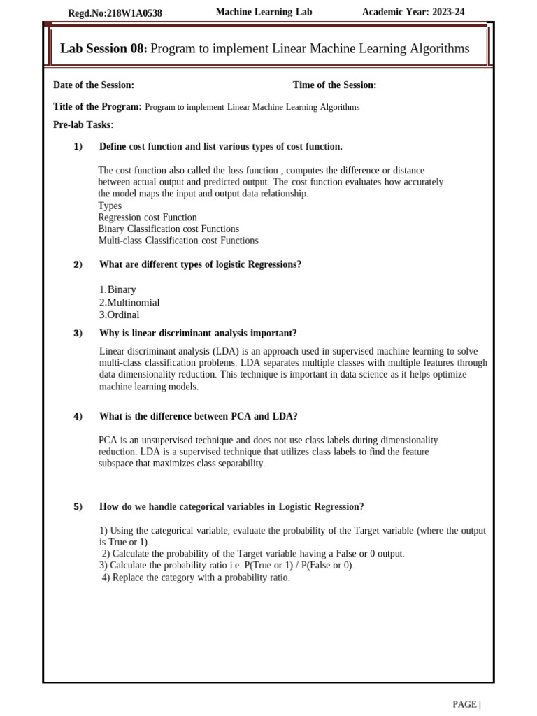 Lab Session 08: Program To Implement Linear Machine Learning Algorithms ...