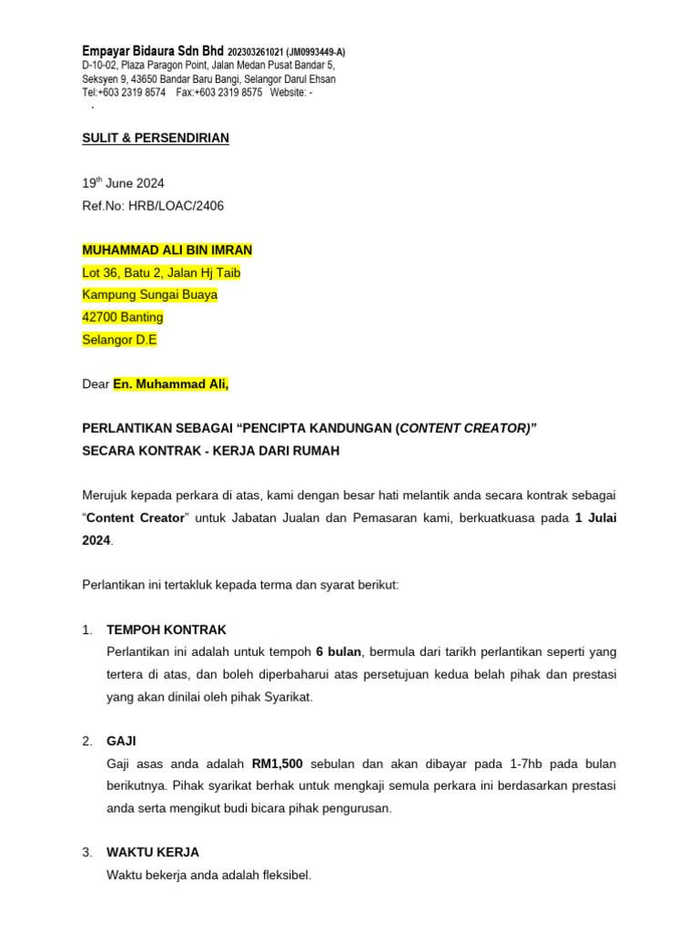 DRAFT LETTER OFFER CC-Contract | PDF
