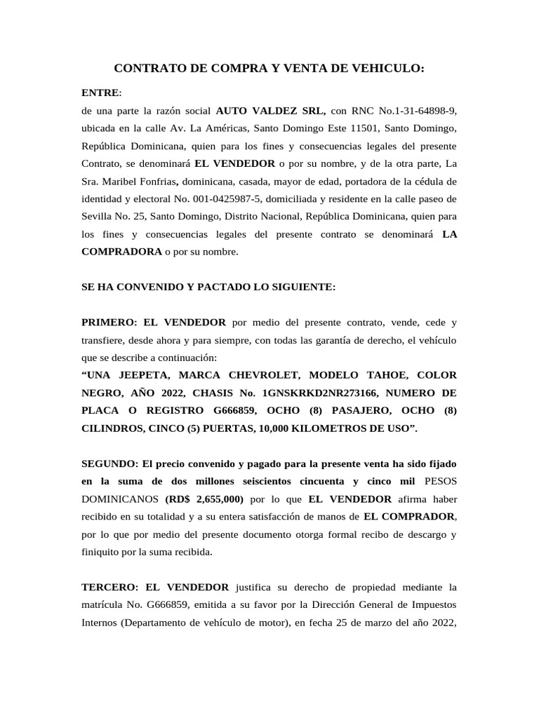 Contrato de Compra y Venta de Vehiculo | PDF