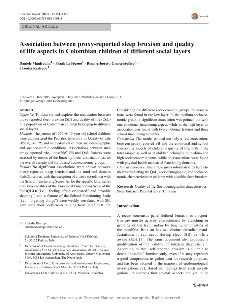 Association Between Proxy-Reported Sleep Bruxism and Quality of Life ...