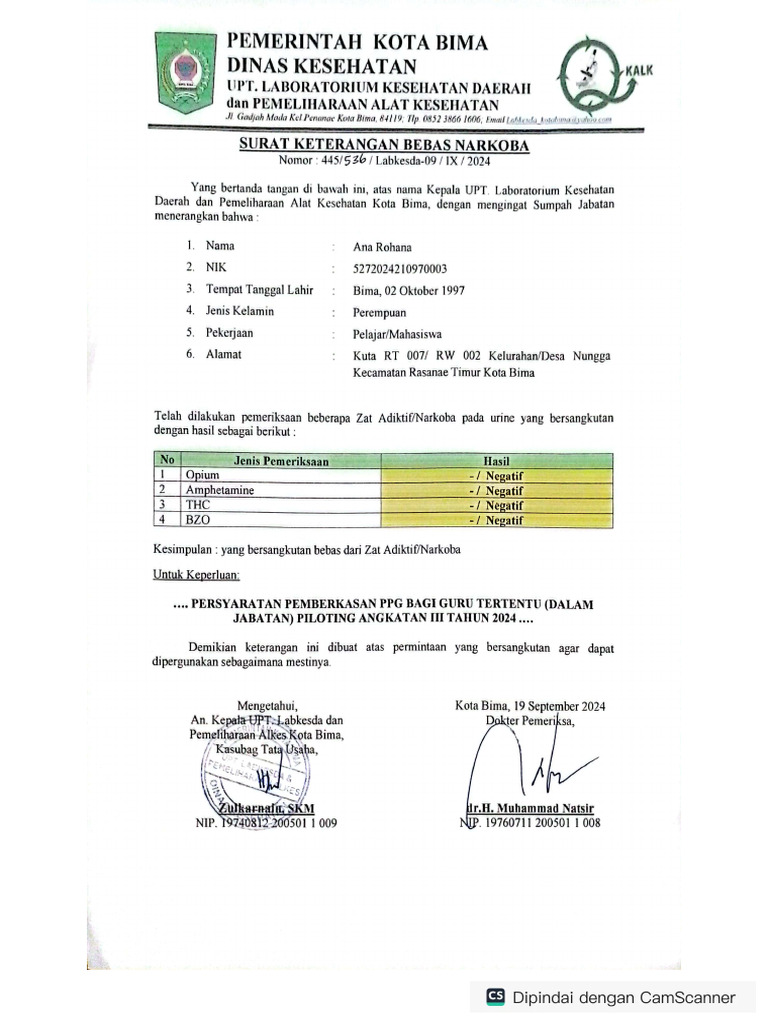 ANA ROHANA, S.PD SURAT KETERANGAN BEBAS NAPZA | PDF